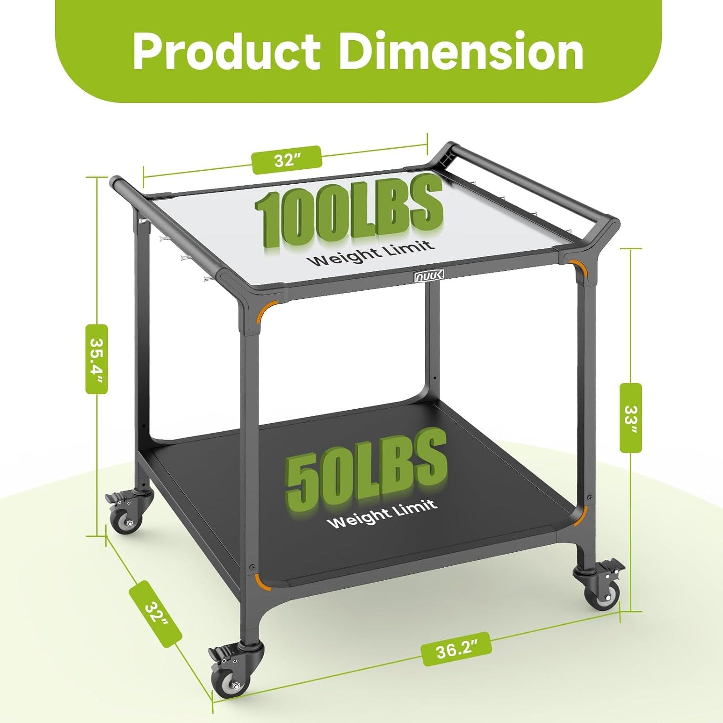NUUK Grill Cart for Outdoor 32" x 32" Stainless Steel Pizza Oven Table with Double-Shelf Rolling BBQ Kitchen Food Prep Cart for Garden Patio
