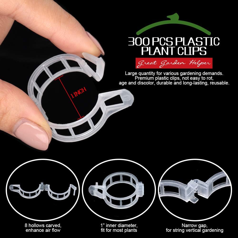 FANDAMEI 300 PCS Plant Support Clips, Plastic Garden Plant Ties, Tomato Clips Trellis for Tomato Cucumber Flower Squash Vine, 1” Inner Diameter for Climbing Plants