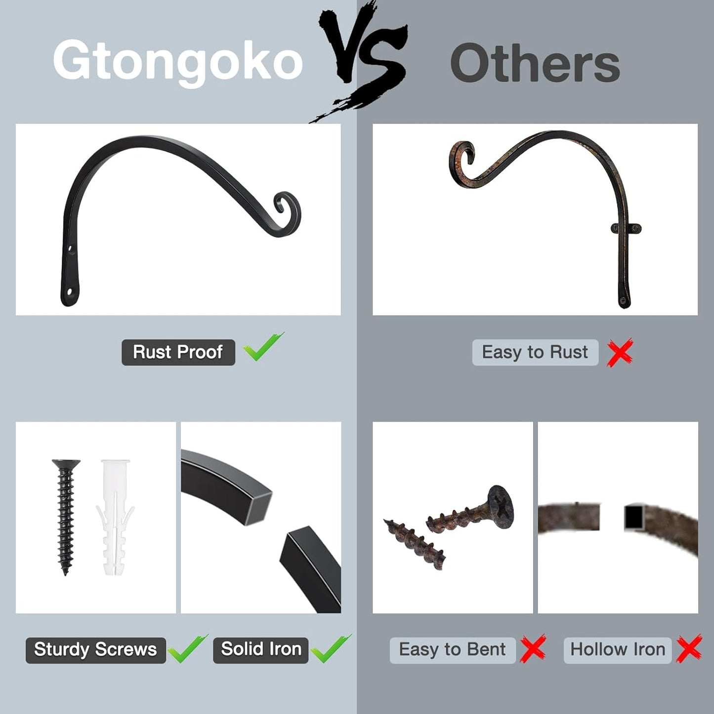 Gtongoko 2 Pack 12 Inch Plant Hangers Outdoor Metal, Plant Hooks for Wall Indoor, Outdoor Hooks for Hanging Bird Feeders, Plant Bracket, Lanterns, Wind Chinme, Black