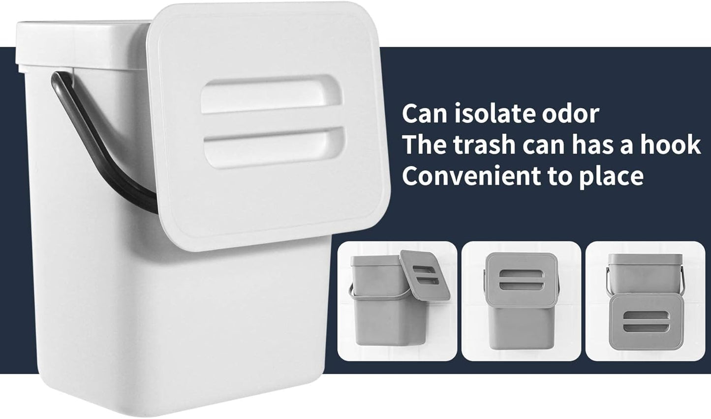 Domiella 2 Pack 1.3 + 0.8Gal Hanging Small Trash Can with Lid, Kitchen Compost Bin for Counter Top Under Sink, Sealed Food Waste Bin, Mountable Indoor Compost Bucket for Cupboard/Bathroom (White)