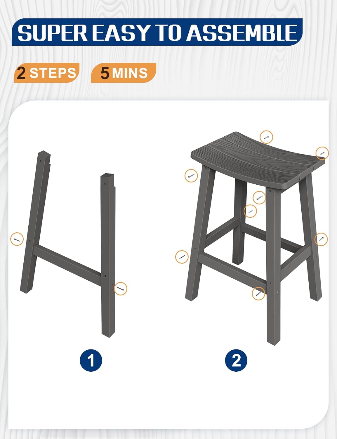 Weatherproof Bar Stools Set of 2, 28" Height Outdoor Bar Stools Holds up to 400 lbs, Saddle Seat, Bar Height Stools for Patio, Garden, and Kitchen Island, Gray