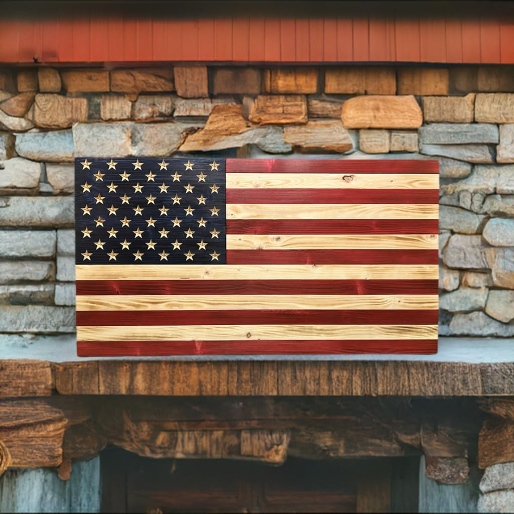 Rustic Wooden American Flag, Patriotic Wall Art (Natural Finish, 26x47)