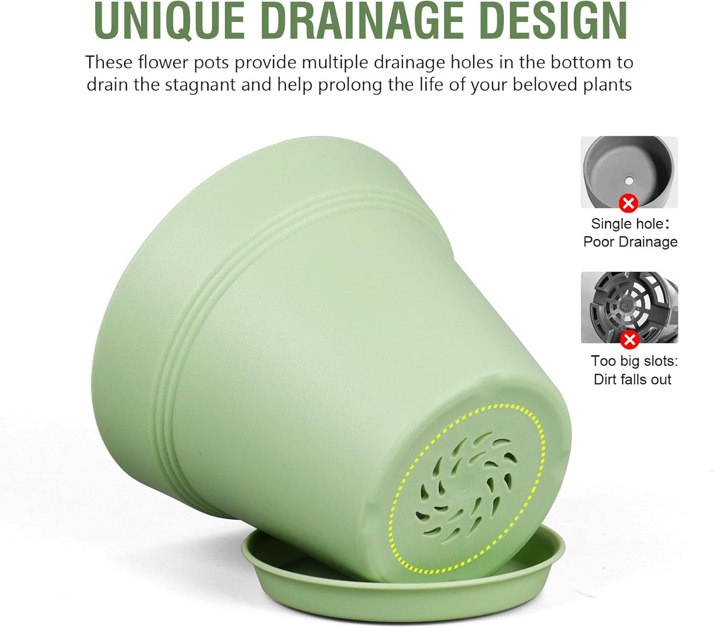 4 inch Small Plastic Nursery Pots, 16 Pack Plant Pots for Indoor Outdoor Plants, Flower Pots with Drainage Holes and Saucers, Decorative Seedling Starter Planters for House Plants, Green