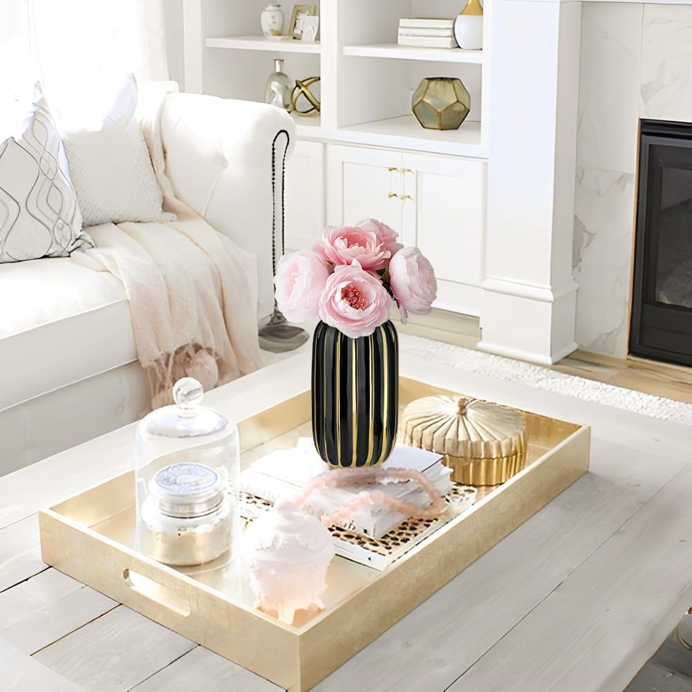 Briful Gold Plated Lantern Ceramic Vase Home Decor Creative Design Porcelain Decorative Flower Vase 8.66'' Black Ceramic Vases for Wedding Anniversary Decoration