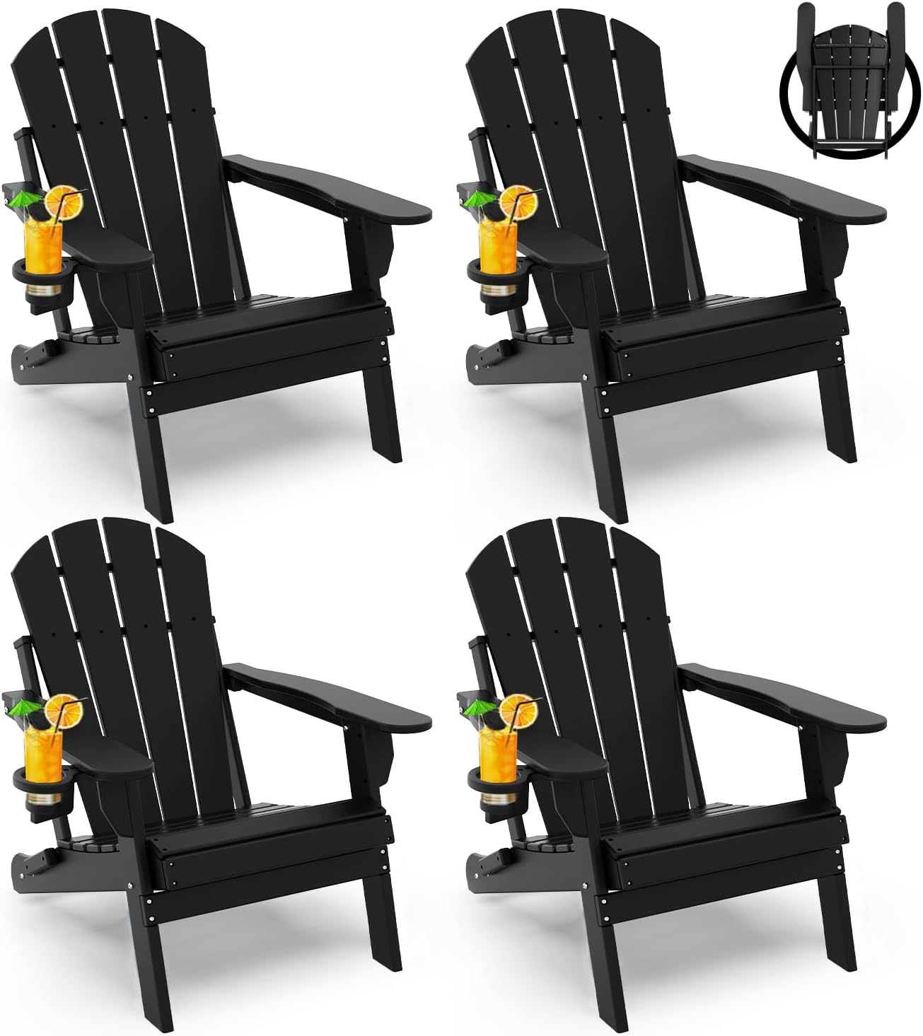 GREENVINES Folding-Adirondack-Chairs-Set-of-4 | HDPE Plastic | Fire Pit Chair | All Weather | Cup Holder | Black | for Deck Backyard Patio Outdoor Garden