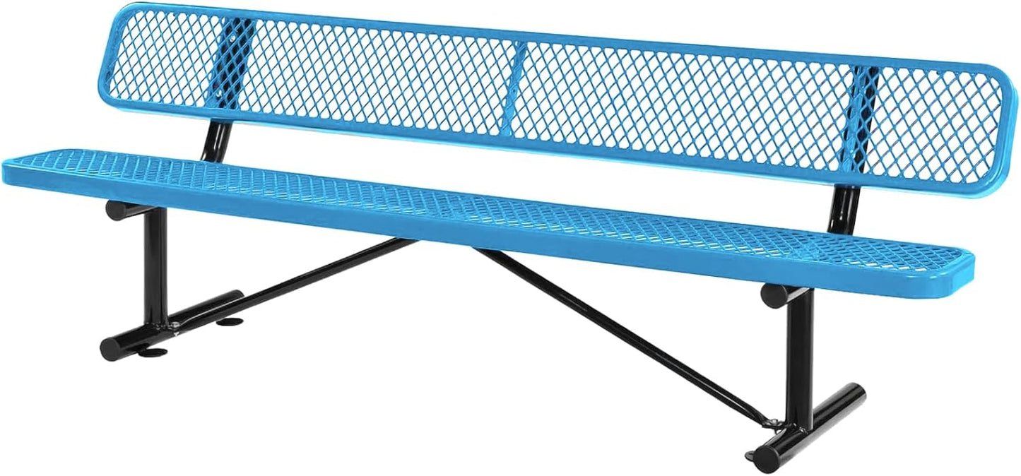 8Ft Outdoor Bench with Blue Portable Frame, Outdoor Steel Park Bench with Backrest, Expanded Metal Mesh Bench for Outside, Lawn, Backyard, Park, Deck, Garden, Patio, Porch, Blue