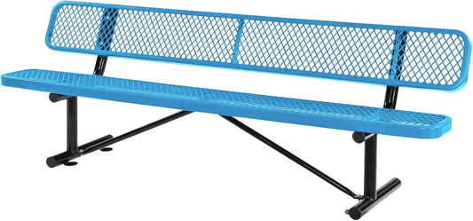 8Ft Outdoor Bench with Blue Portable Frame, Outdoor Steel Park Bench with Backrest, Expanded Metal Mesh Bench for Outside, Lawn, Backyard, Park, Deck, Garden, Patio, Porch, Blue