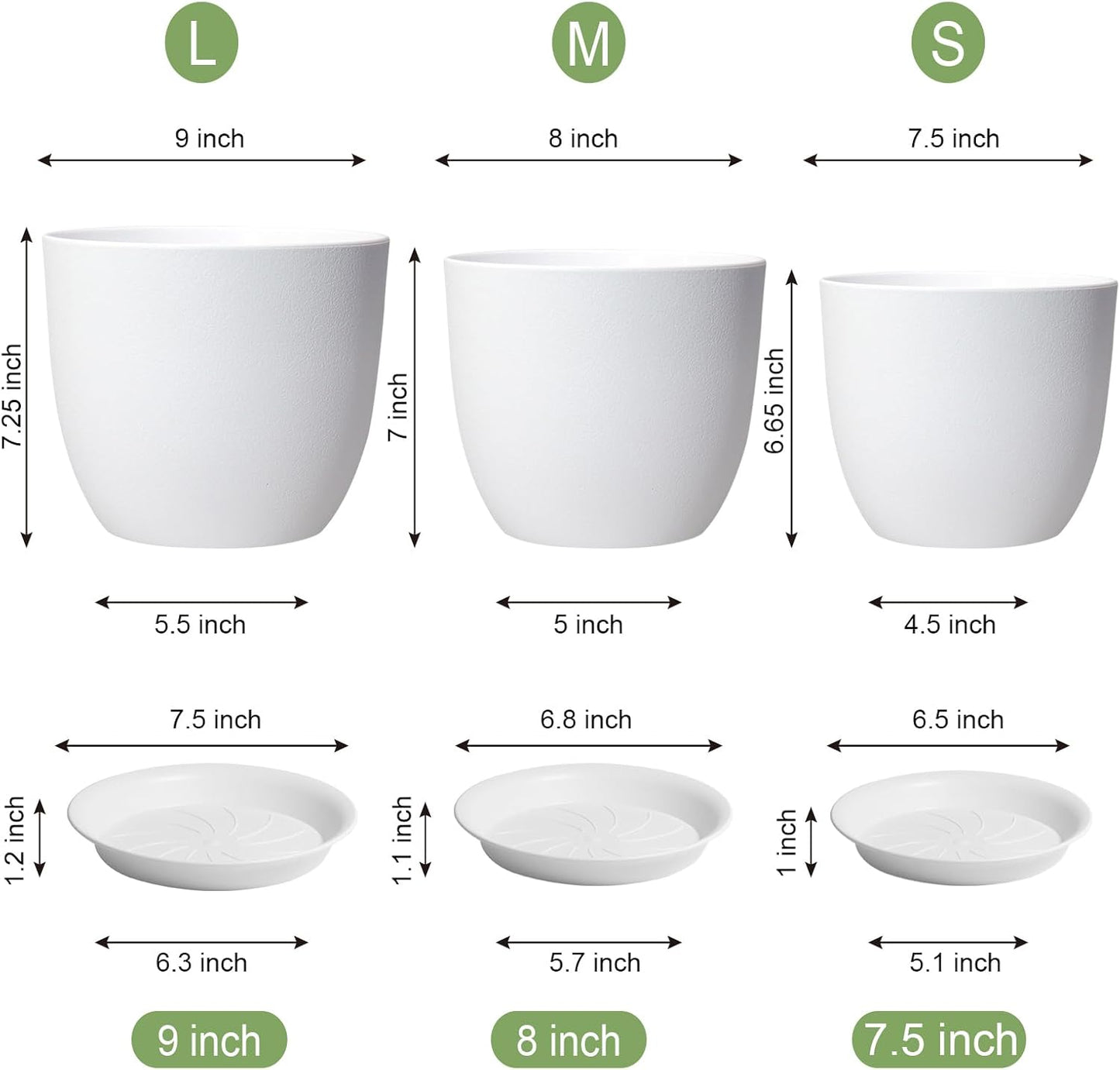 Modern Plant Pots Set, 9/8/7.5 inch Plastic Planters for Indoor Plants, Stylish Flower Pots with Drainage Holes and Saucers for House Plants and Flowers, White