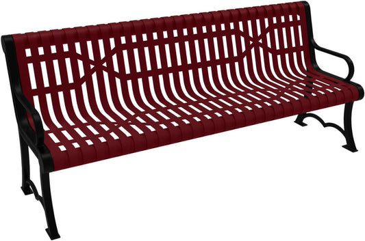 Coated Outdoor Furniture Heavy-Duty Outdoor Bench Thermoplastic Coated, Slated Steel, Commercial-Grade Garden Bench, Made in America (Portable with Back, 6 Ft, Burgundy)
