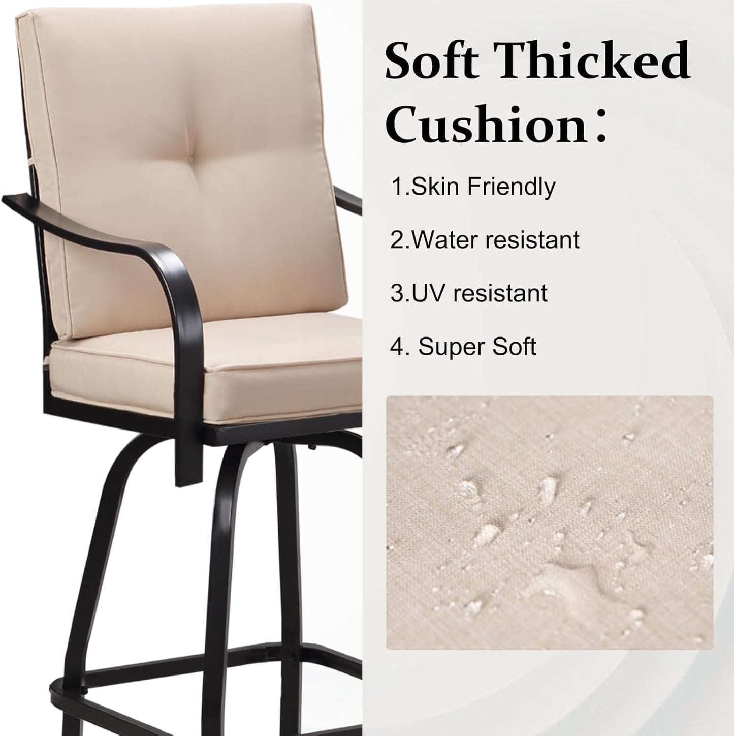 Patio Swivel Bar Stools, Outdoor High Back Swivel Bar Stool Chair Set of 2 with Cushion & All Weather Steel Frame, Beige