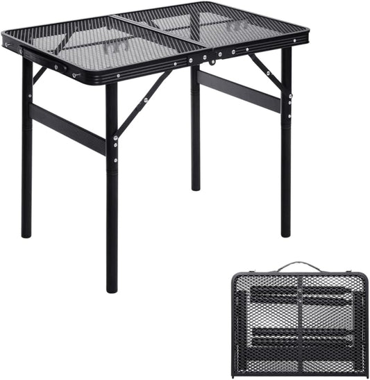 Small Folding Table 2FT Grill Table Foldable Camping Table Picnic Portable Mesh 2 Height Adjustable Outdoor Beach BBQ Black 23.6×15.7 inch