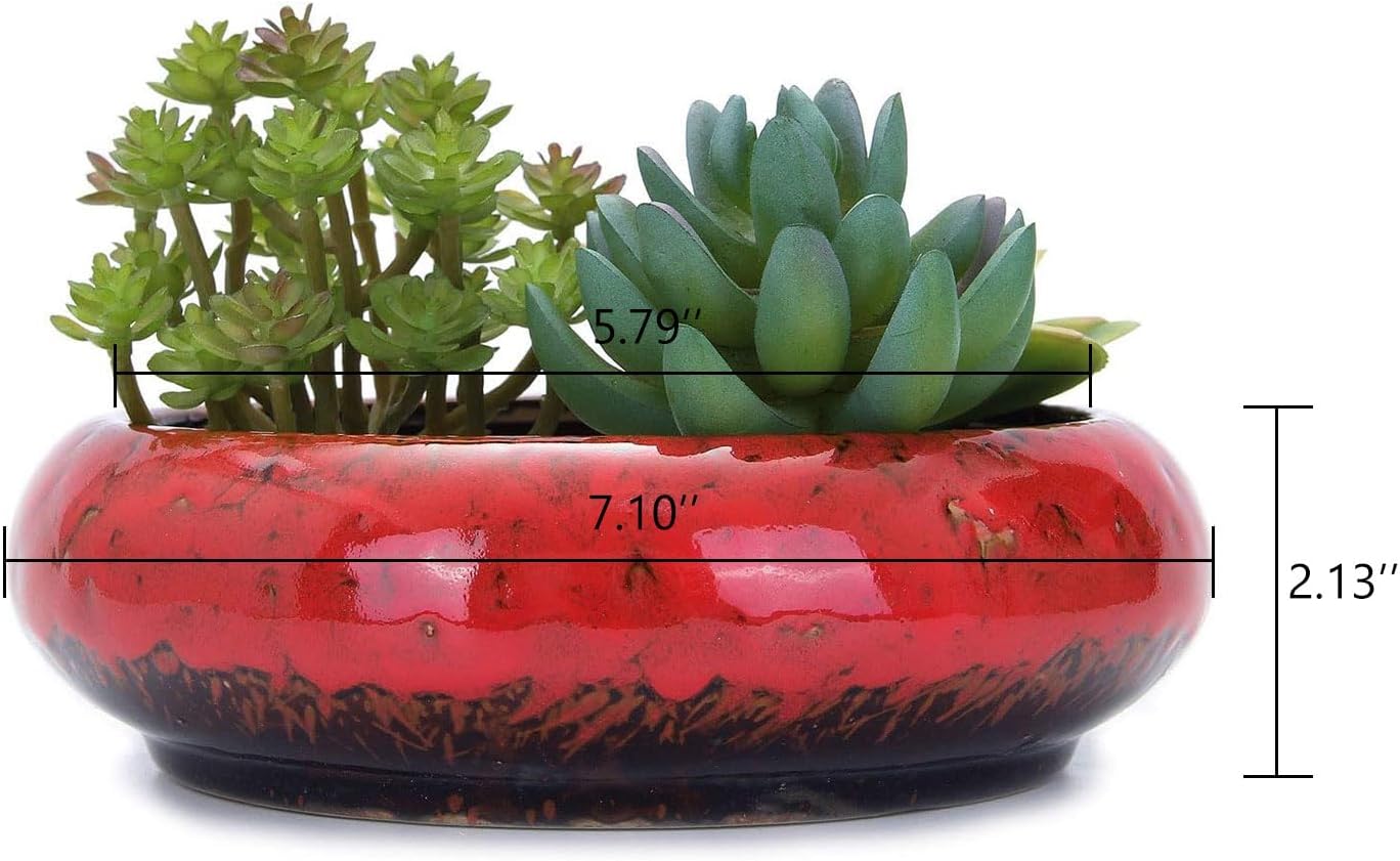 VanEnjoy 7.1 inch Round Large Shallow Succulent Ceramic Glazed Planter Pots with Drainage Hole, Bonsai Pots Garden Decorative Cactus Stand Flower Container (Red)