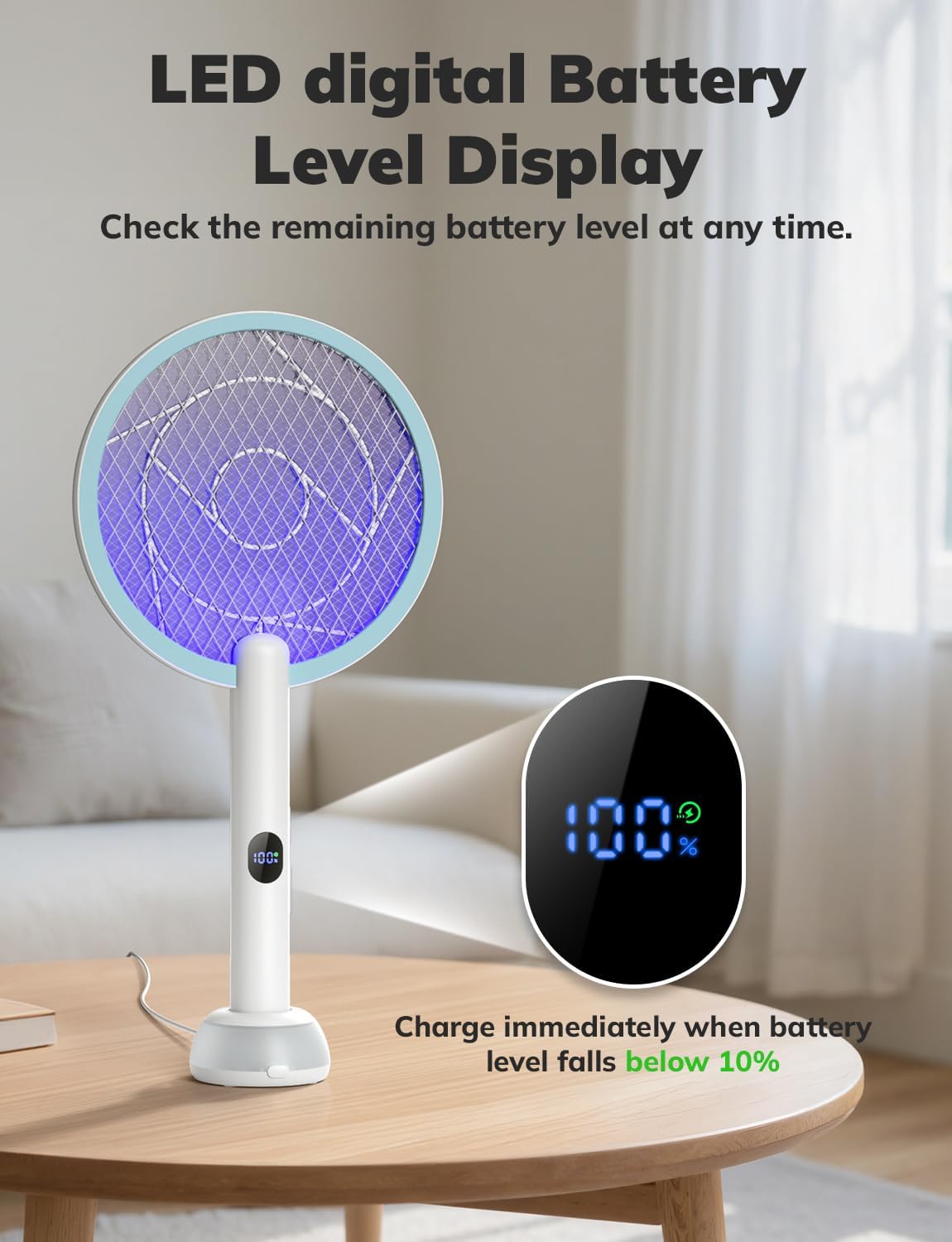 YISSVIC Electric Fly Swatter Bug Zapper Racket 4000V LED Screen Dual Modes Fly Zapper Rechargeable for Indoor Home Office Backyard Patio Camping