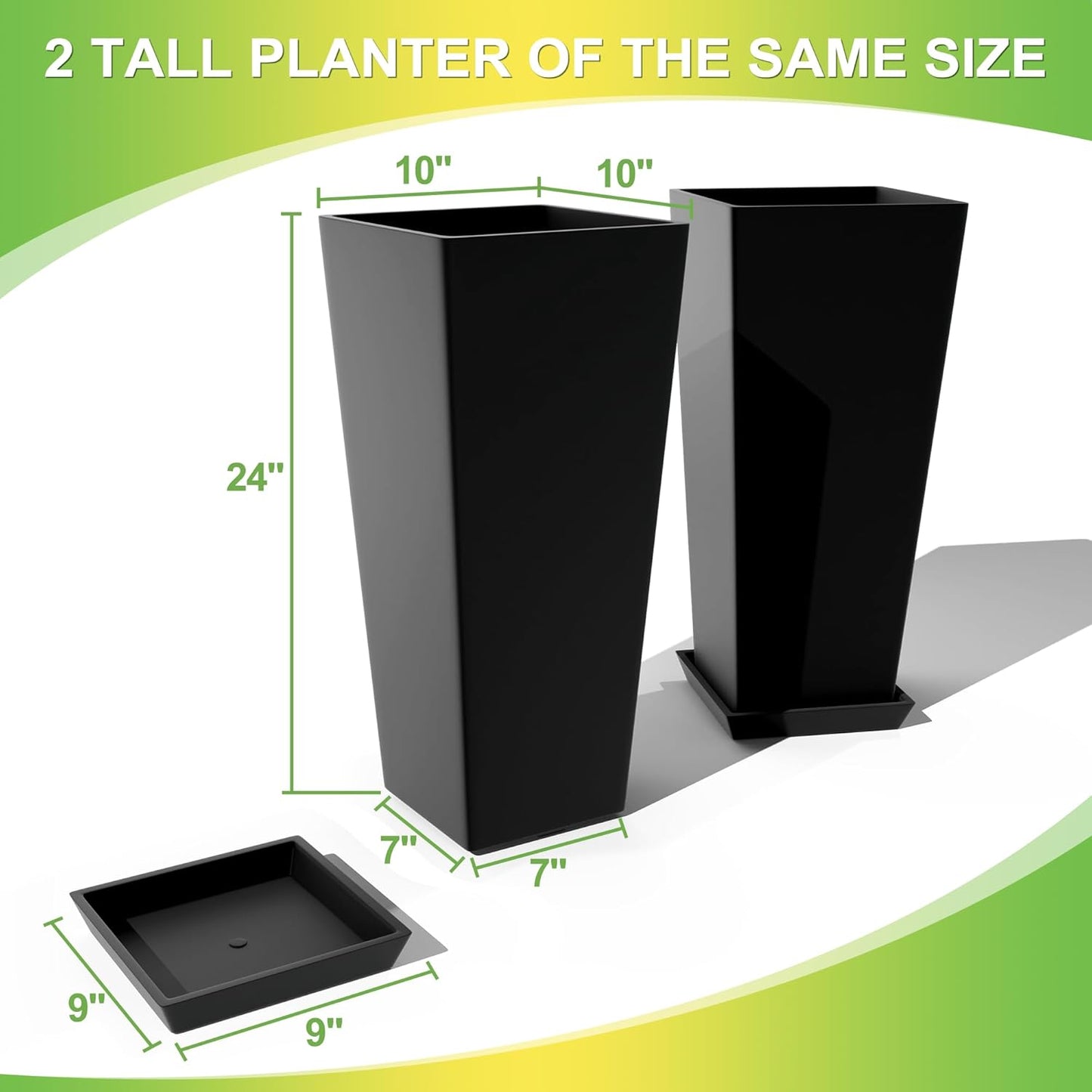 Set of 2 Large Tall Planter for Indoor or Outdoor 24" Flower Pots Tapered Tall Planters with Tray for Porch, Patio, Backyard, Large Planters for Outdoor Indoor Plants(Black)