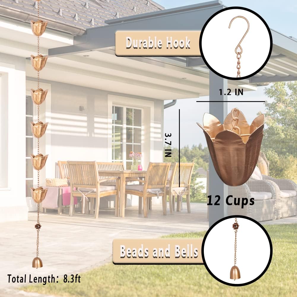 Rain Chains for Gutter, 8.3 Ft Tulip Rain Water Chain with 12 Cups, Adjustable Gold Rain Catcher Chain, Replacement Downspout for Gutters, Eaves Drainage Decor
