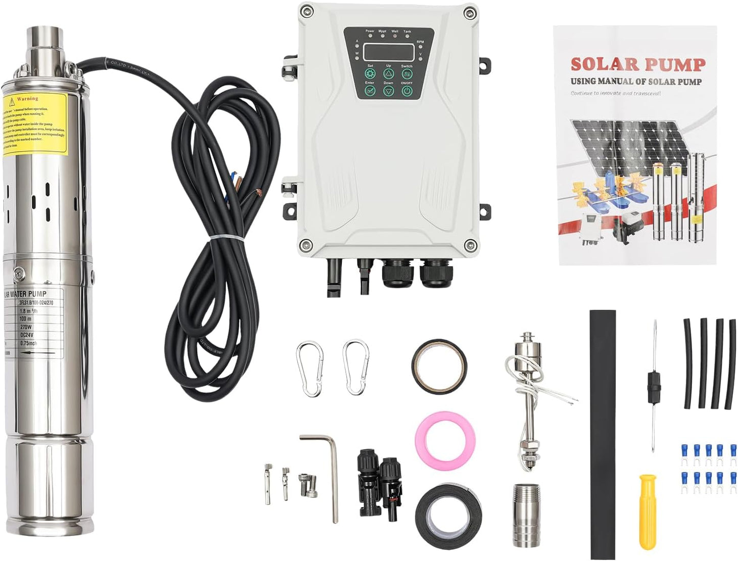 Solar Water Pump, 24V 270W 3In DC Submersible Pump Stainless Steel Deep Well Pump Irrigation Kits with MTTP Controller Float Switch for Home Industry, Garden Irrigation, Farm Ponds (24V 270W)
