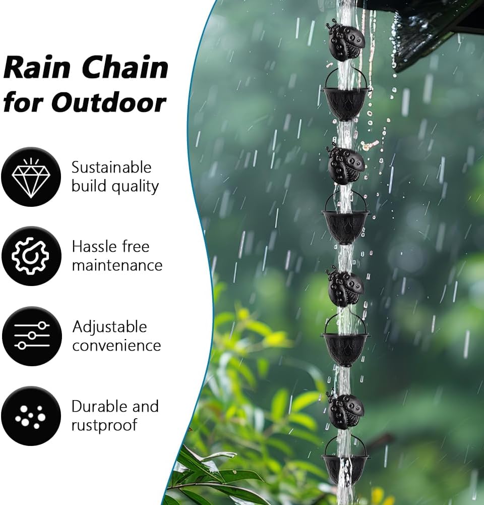 9.2 FT Rain Chain, Black Rain Gutter Chains with 12 Cups & Detachable Ladybugs Decor, Adjustable Rain Catcher Chain for Outddor Decor, Replacement for Downspout