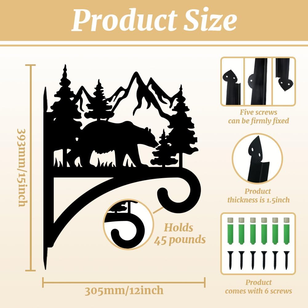 peacoblue Iron Plant Hanger Hook for Outdoor Indoor Hanging Plant Flower Fern Pot Lantern Bird Feeder,12"x15" Weather Resistant Metal Wall Holder for Porch Garden Farmhouse(Forest Bear and Mountain)