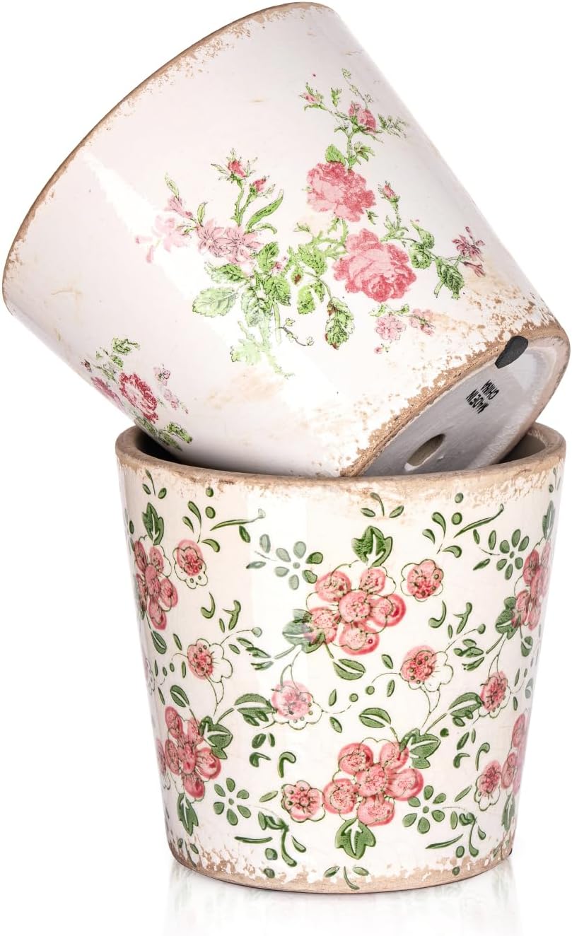 Sungmor Vintage Ceramic Plant Pots, Set of 2 Pretty Ice Cracked Glaze Ceramic Flower Pots, 5.5in. Herb Planters with Drainage Hole, Tuscan Planters for Indoor Outdoor Plants, Home Garden Decor Pot