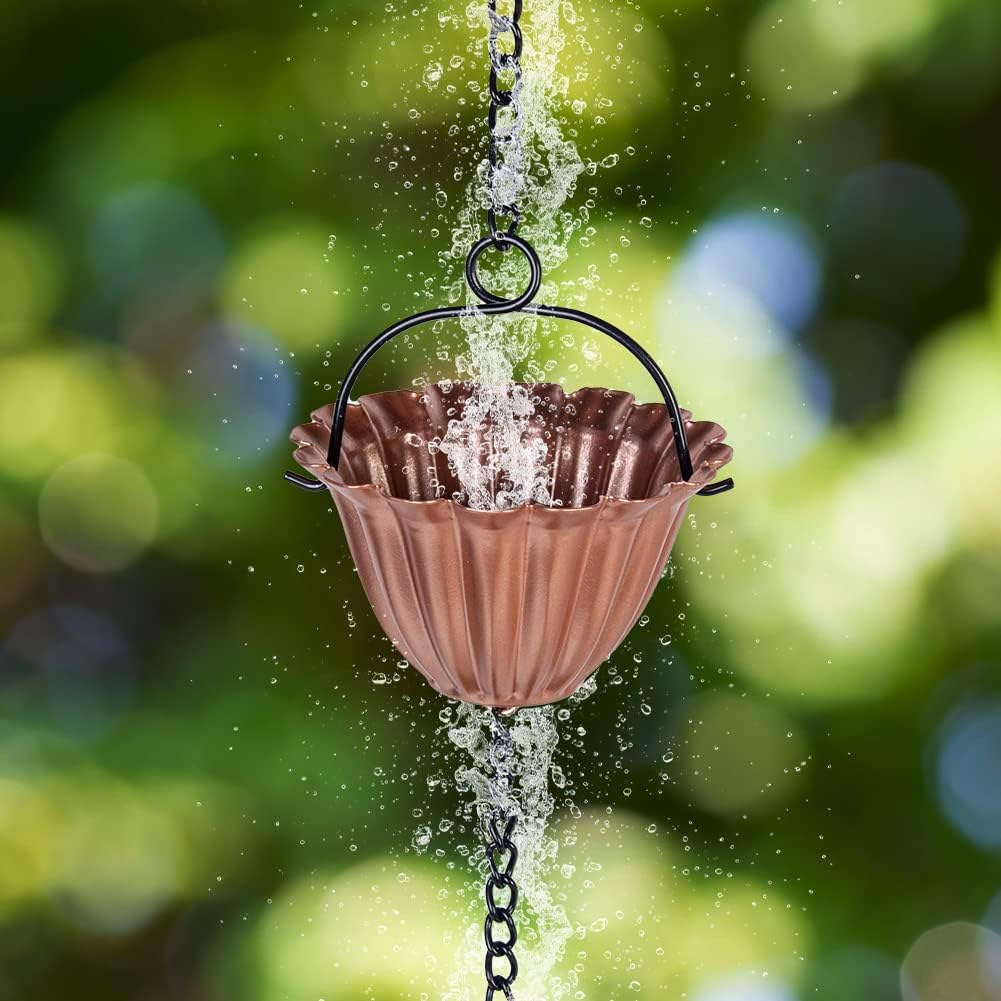 9 Ft Rain Chain, Thick Metal Rain Gutter Chains with 12 Gold Flower Cups, Adjustable Rain Catcher Chain for Eaves Drainage, Replacement for Downspout, Outdoor Decor