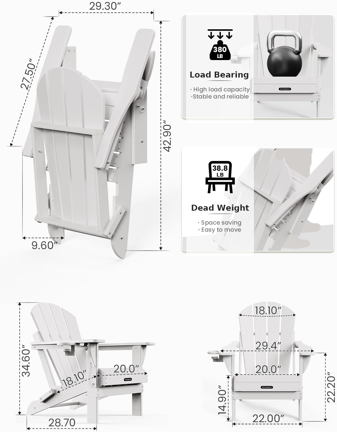 MUCHENGHY Folding Adirondack Chairs 2 Pack, Patio & Lawn Chairs, Outdoor & Backyard Chairs, Weather Resistant with Cup Holder, White