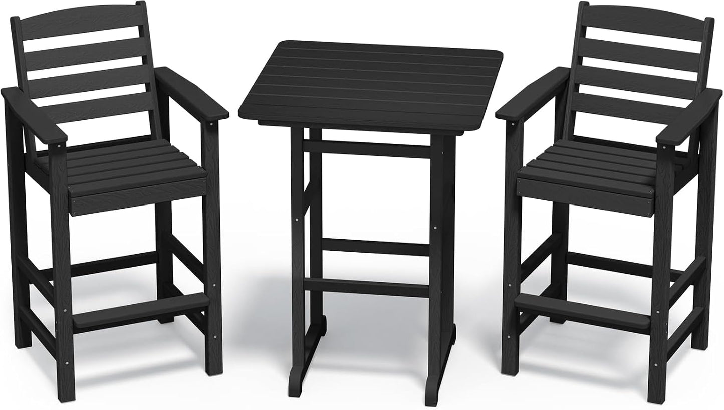 SERWALL Balcony Adirondack Chairs and Table 3 Pieces Set, Adirondack Bar Height Chairs Set of 2 and Bar Table, Outdoor Bar Stools Set for Bistro, Poolside, Backyard, Black