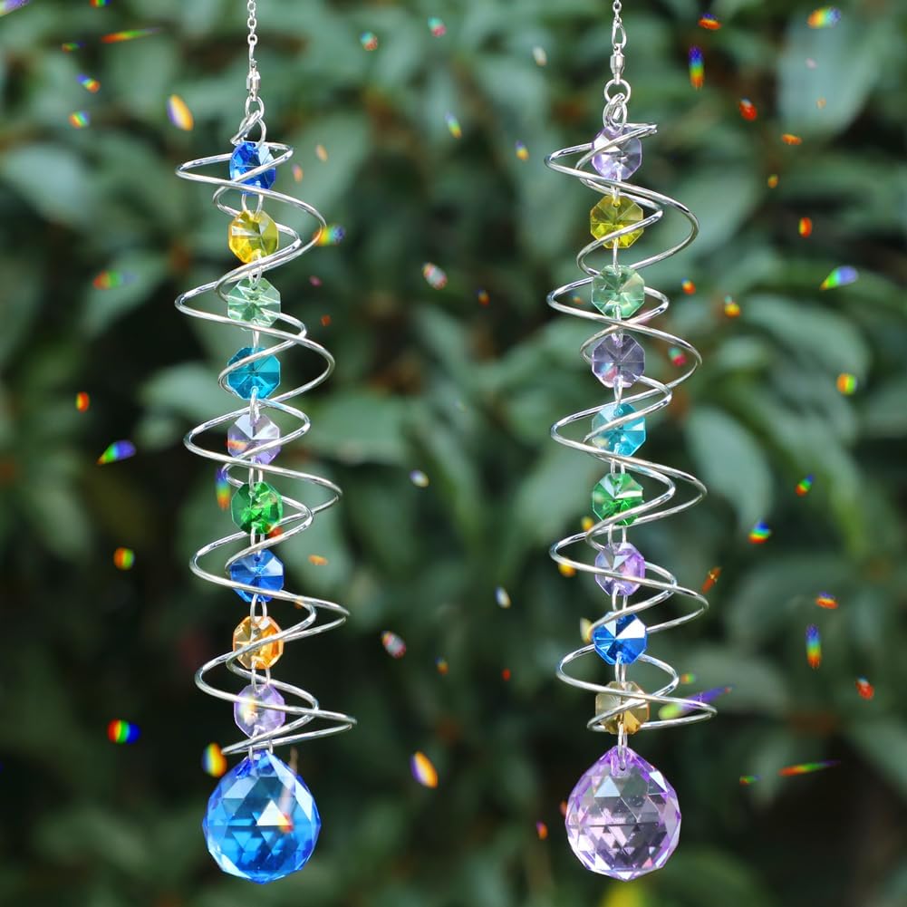 Sun Catchers, 2pcs Gazing Ball Spiral Tail Wind Spinners Crystal Suncatcher Prism Hanging Crystals Rainbow Maker for Windows Indoor Outdoor Garden Car Decorations Christmas Party Gifts for Girls Women