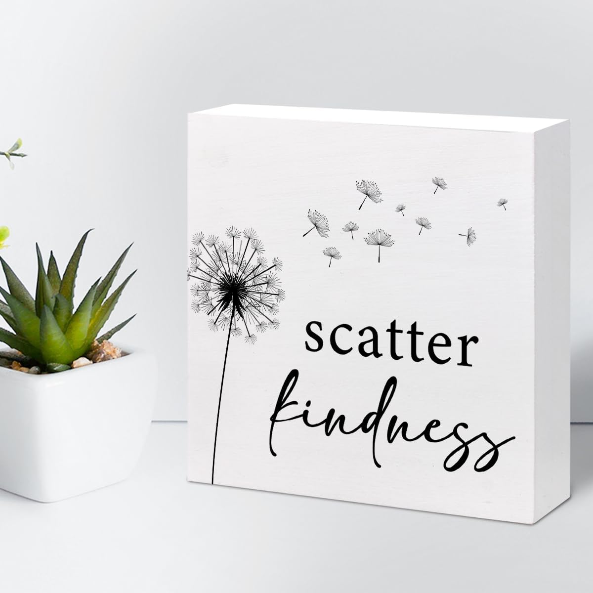 z-Crange Scatter Kindness Dandelion Wood Block Sign, Rustic Kindness Quote Wooden Box Plaque Sign for Home, College, Office Shelf, Table Decor