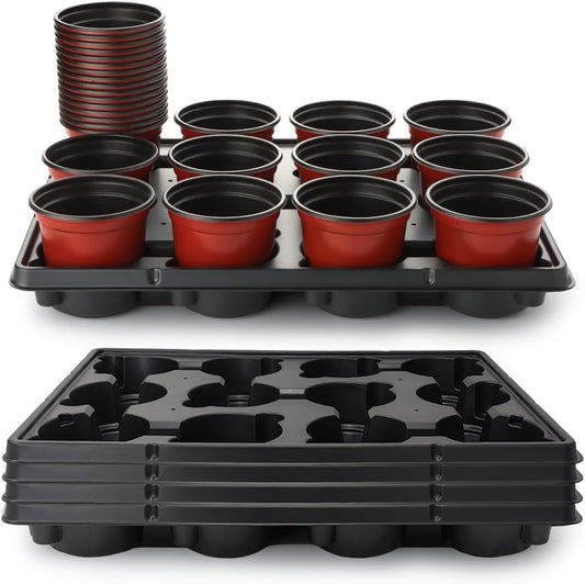 4 inch Round Nursery Pots 60pcs, 12 Cell Nursery Pots Trays 5 Pcs, Sturdy Seeds Starting Germination Shuttle Carrying Trays, Small Planter Nursery Propagation 5 Sets