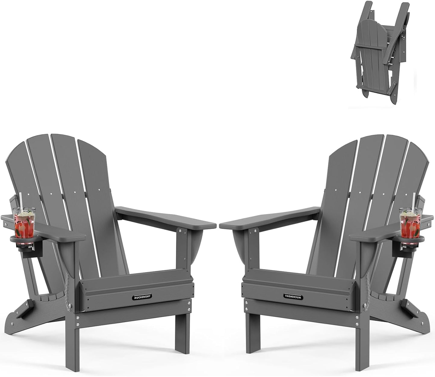 MUCHENGHY Folding Adirondack Chairs Set of 2 HDPE Weather Resistant, Patio Firepit Chairs, Sturdy Outside Chairs, Lawn Chairs, 15min Assembly 380lb Grey