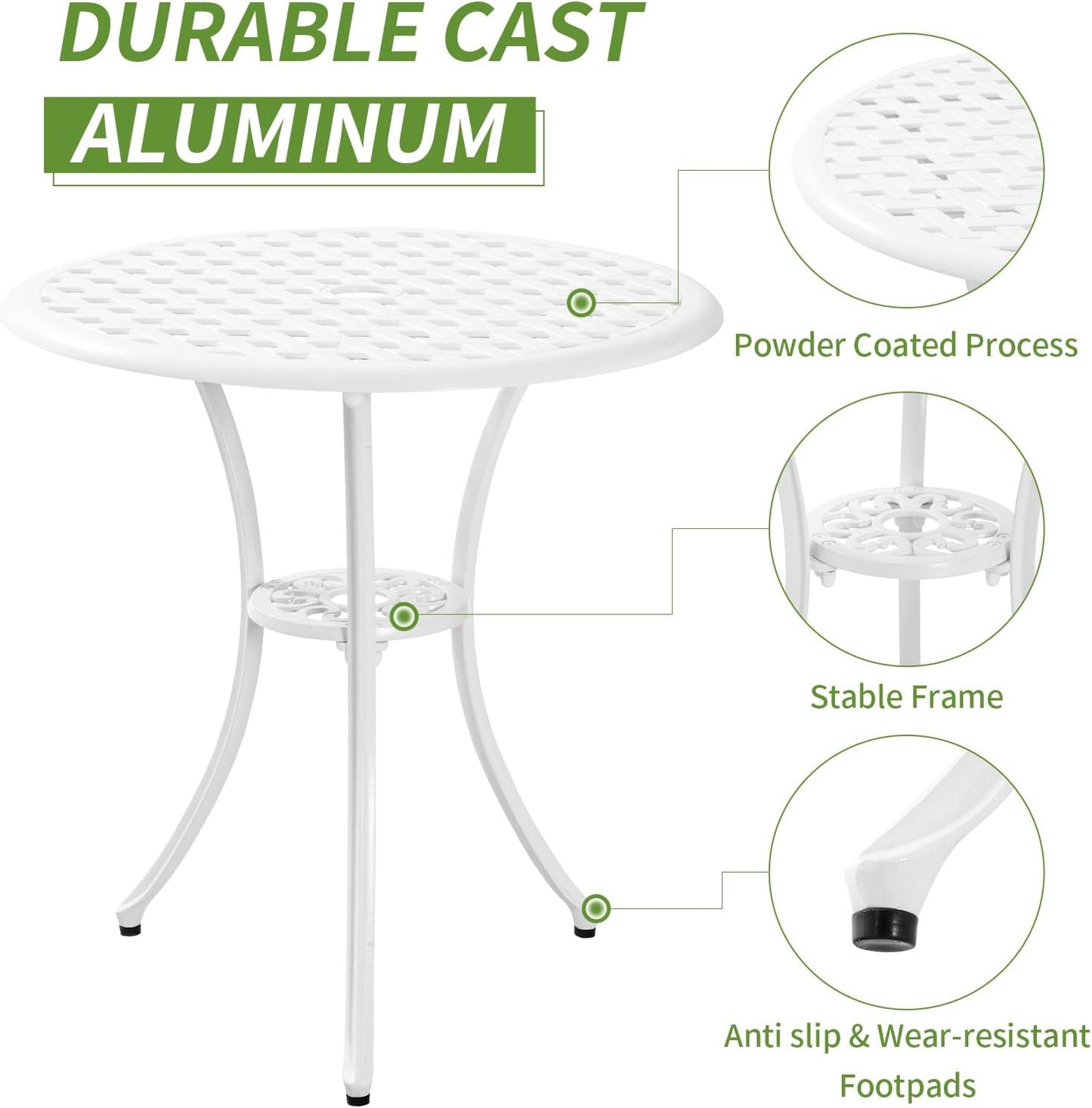 Cast Aluminum Bistro Table and Chairs Set of 2 with 1.97" Umbrella Hole,Weather Resistant 3 Piece Bistro Patio Set Outdoor Patio Furniture Set for Front Porch,Garden,Woven White