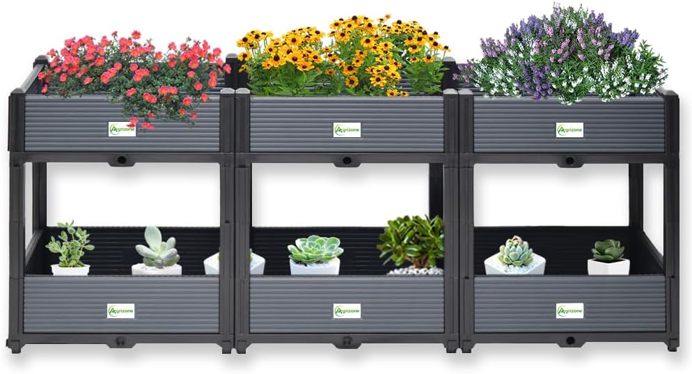Indoor & Outdoor 2-Tier Stackable Garden Bed – Drainage Planter Box, Thickened for Enhanced Load-Bearing, Great for Veggies, Herbs, Flowers & Entryway Decor(Triple Row)