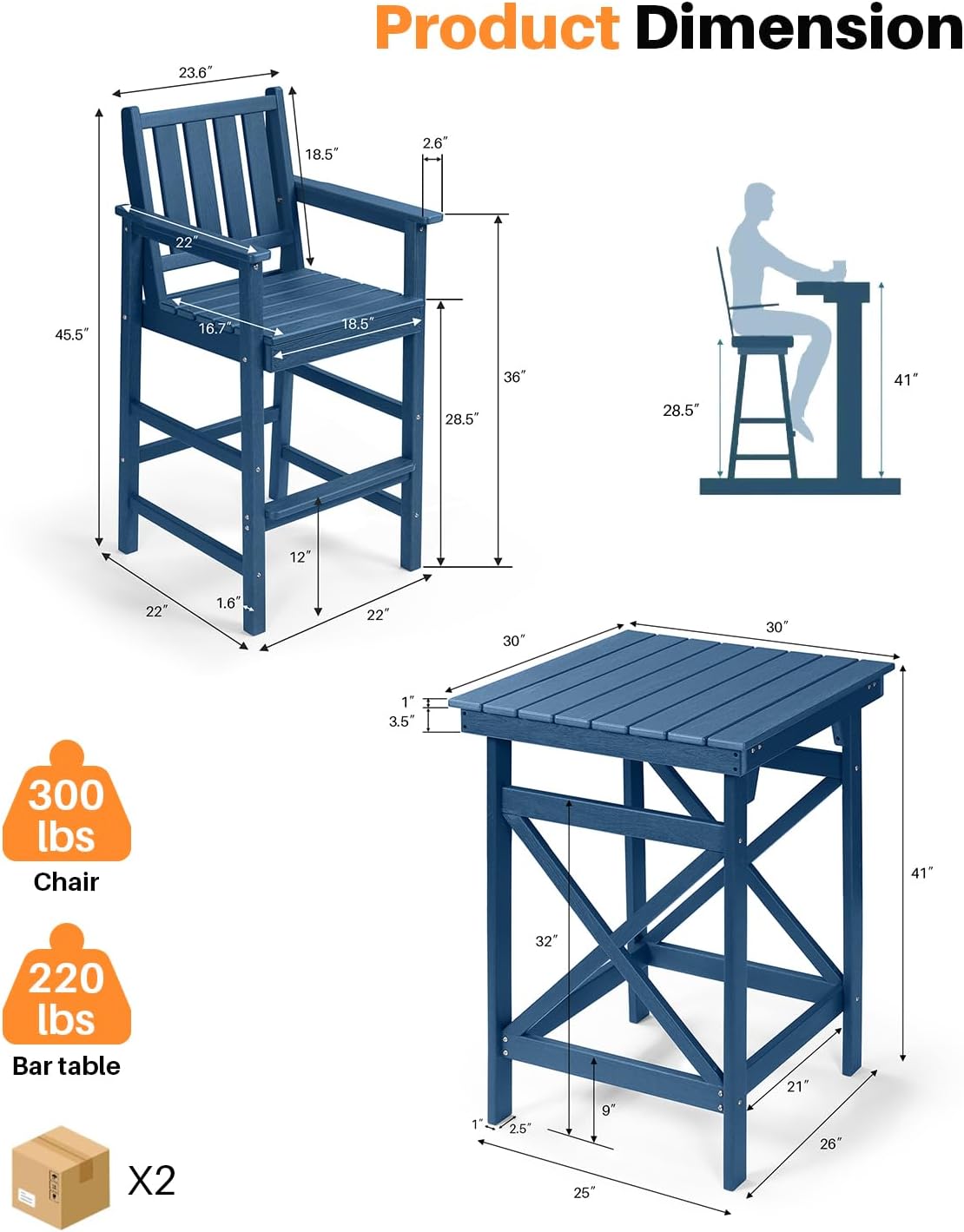 5 Pieces Adirondack Bar Chairs Set, HDPE Patio Bar Height Table and Chairs, Tall Adirondack Outdoor Bar Stools Set, HDPE Patio Bar Table Sets Furniture for Poolside, Balcony, Garden, Navy
