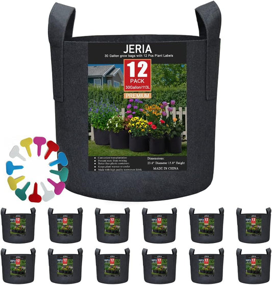JERIA 12-Pack 30 Gallon, Vegetable/Flower/Plant Grow Bags, Aeration Fabric Pots with Handles (Black), Come with 12 Pcs Plant Labels