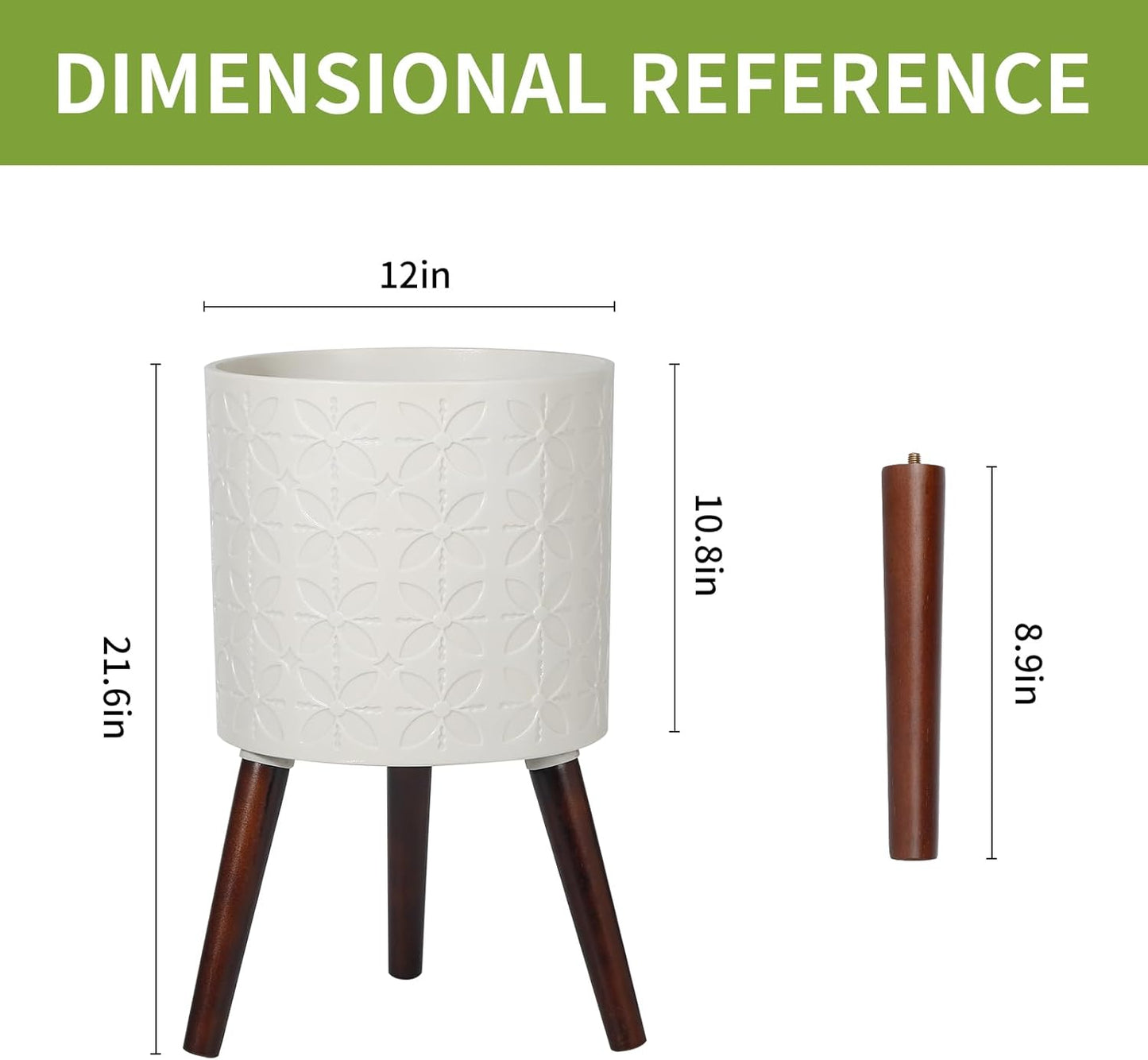 12 Inch Planter Pot with Stand, Planter for Indoor Plants, Modern Large Flower Planter Pot with Drainage Holes for Outdoor,Matte White