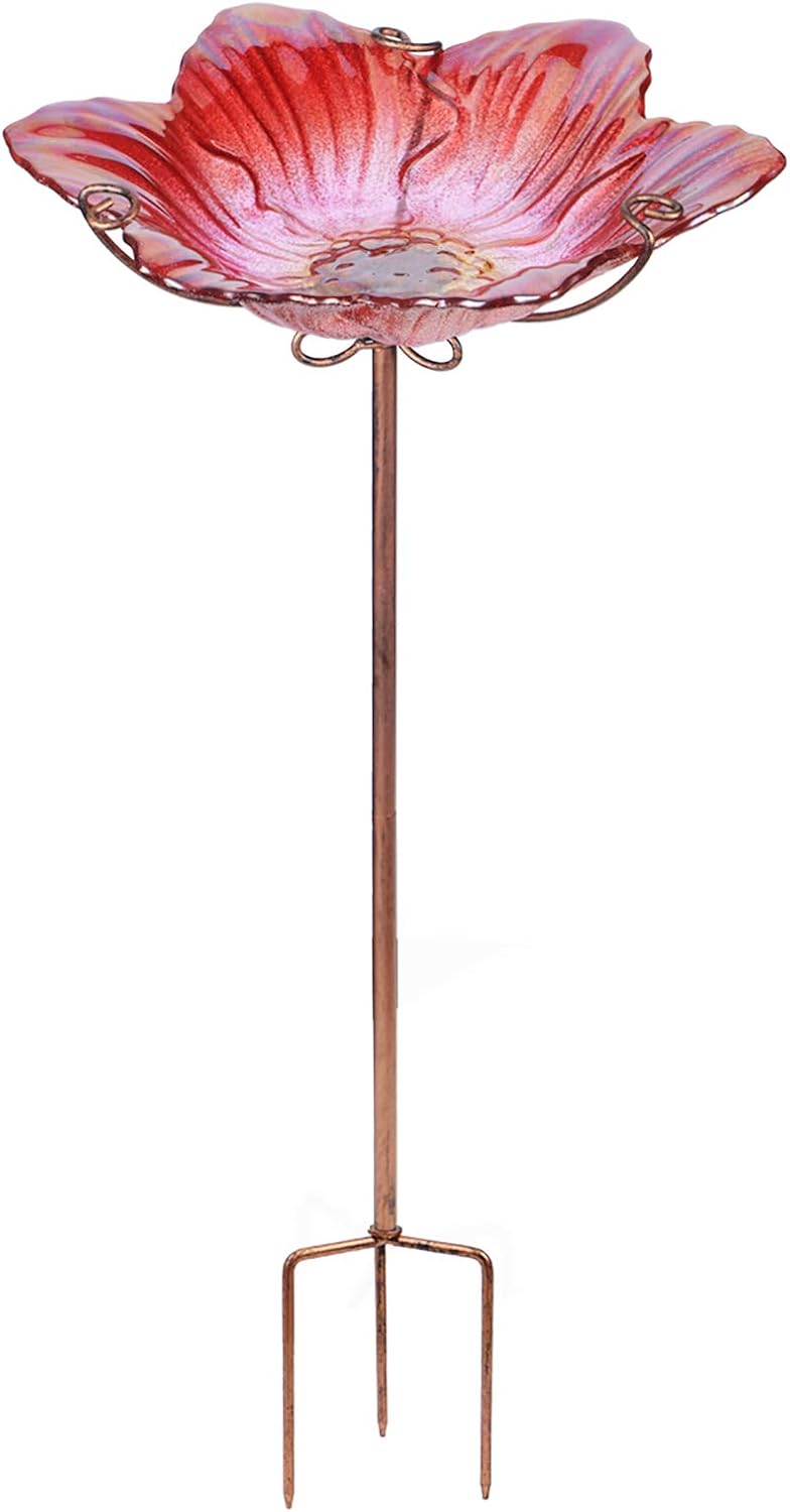 MUMTOP Bird Baths for Outdoors Glass Bird Bath Bowl Outdoor Bird Feeder Flower Pattern with Metal Stake for Garden, Yard and Lawn Decor (Red)
