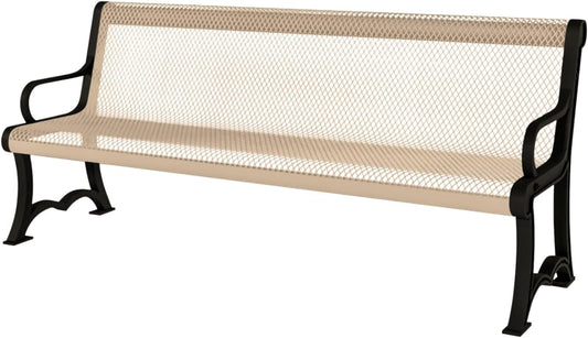 Coated Outdoor Furniture Heavy-Duty Outdoor Bench Thermoplastic Coated, Expanded Metal, Commercial-Grade Garden Bench, Made in America (Portable with Back, 4 Ft, Tan)