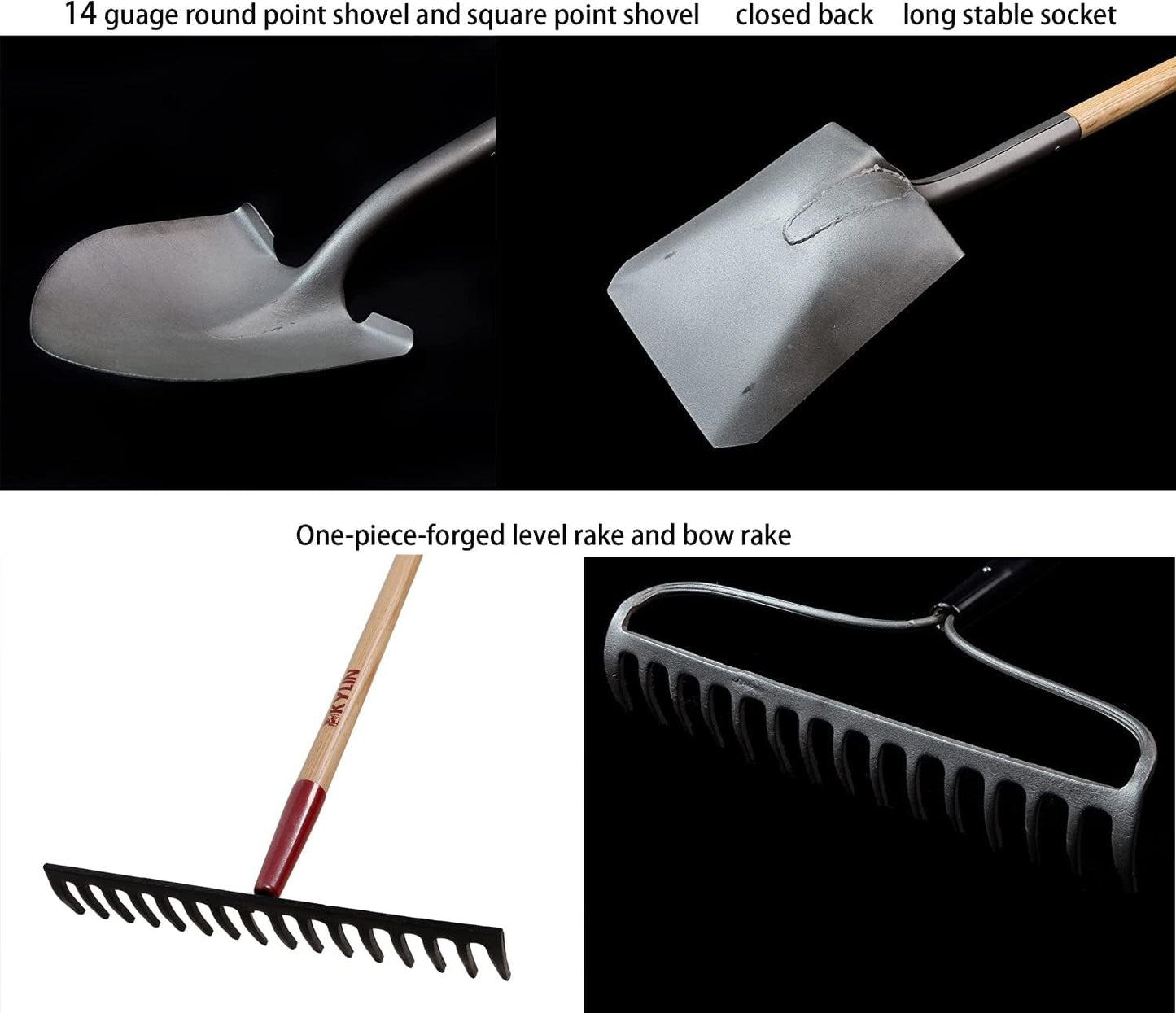 KYLIN Landscaping Shovel Rake Tools Set Heavy Duty Yard Digging Shovels Garden Hoe Long Ash Handle Forged Scraper Bush Hook for Professional-Grade 8 Pieces Lawn Tools