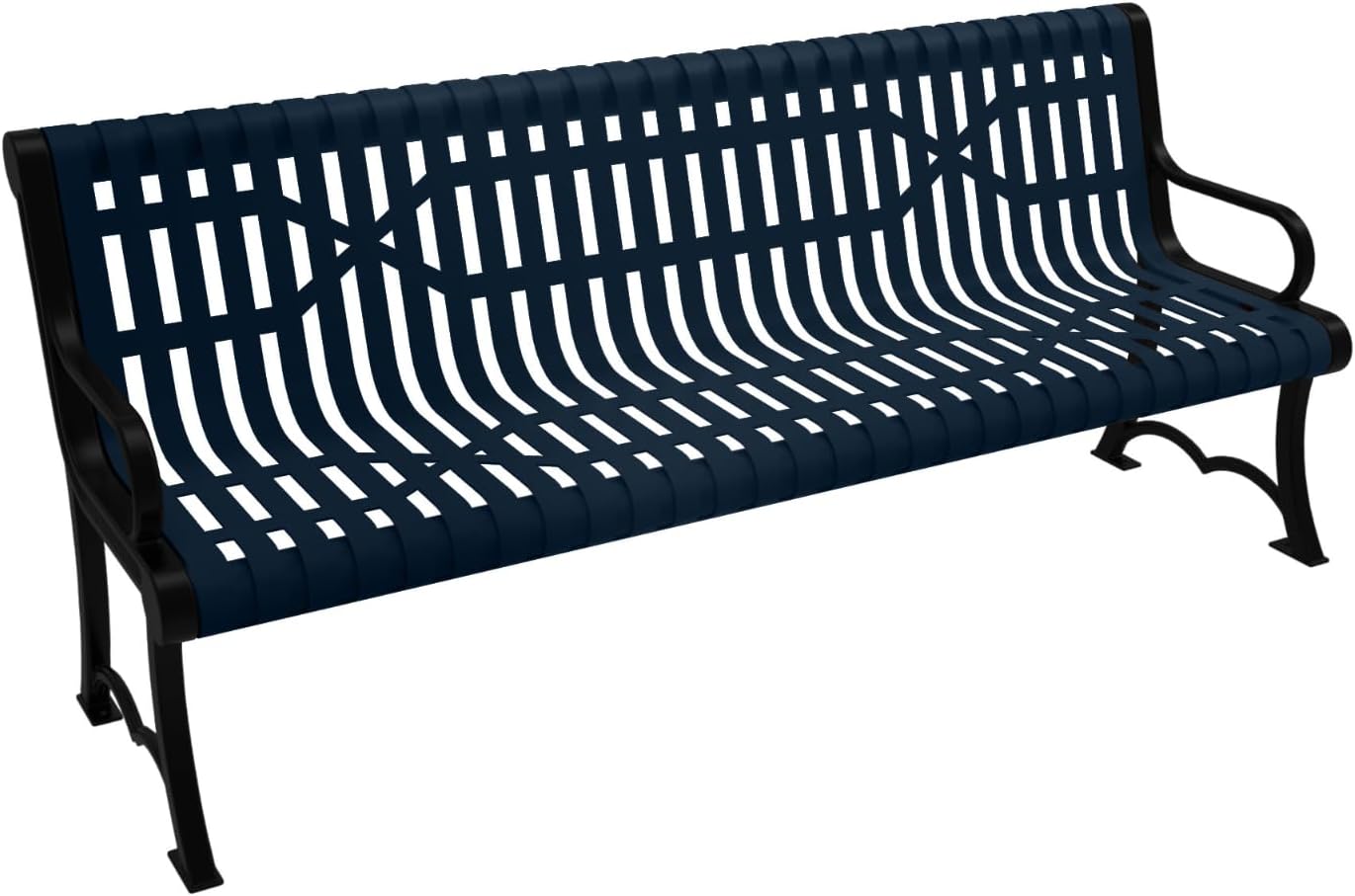 Coated Outdoor Furniture Heavy-Duty Outdoor Bench Thermoplastic Coated, Slated Steel, Commercial-Grade Garden Bench, Made in America (Portable with Back, 6 Ft, Dark Blue)