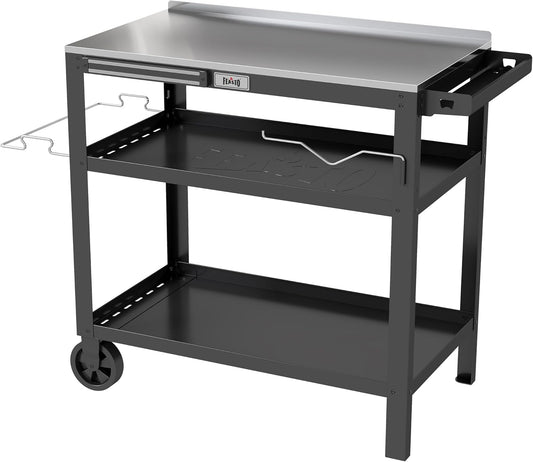 31.5"x18" Outdoor Grill Cart with Stainless Steel Tabletop, Movable Grill Table with Seasoning Rack & Magnetic Tools Holder, Backyard BBQ Kitchen Food Prep Table for Portable Grill & Pizza Oven