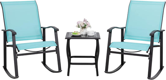 Shintenchi 3 Piece Rocking Bistro Set, Outdoor Furniture with Rocker Chairs and Glass Coffee Table Set of 3, Balcony, Porch Furniture for Small Space, Blue
