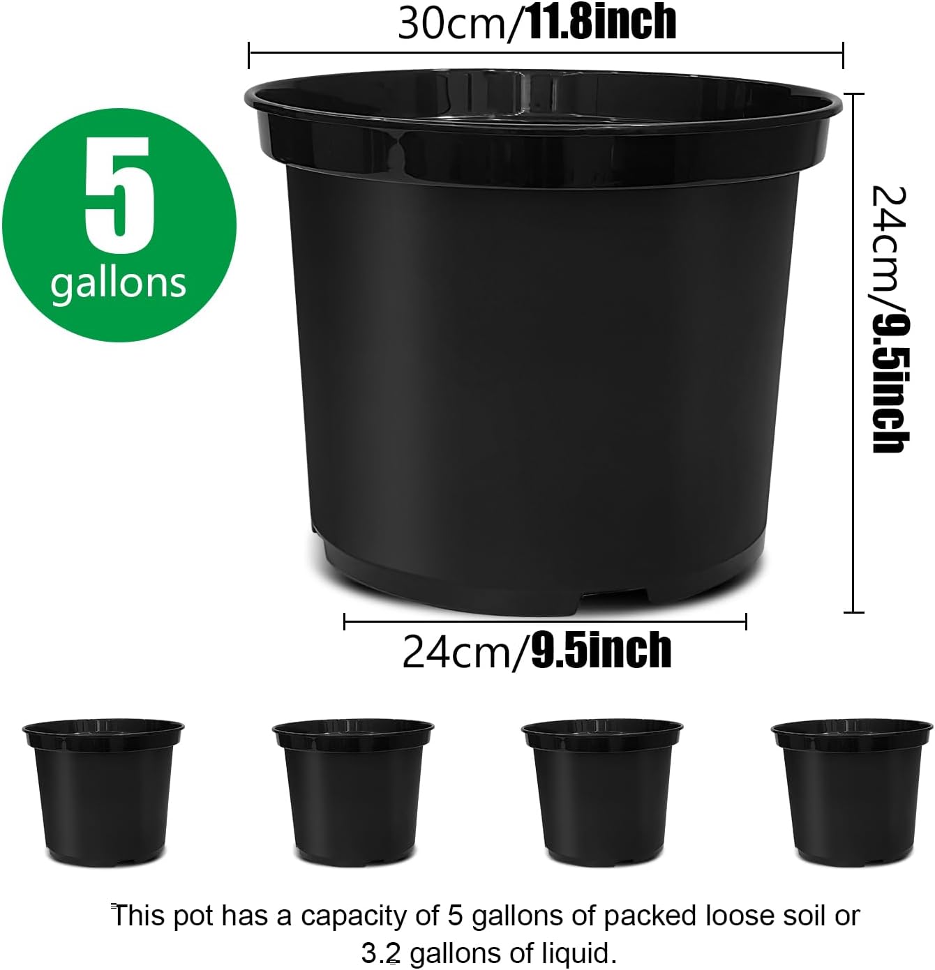 5 Gallon 12 Inch Plastic Nursery Pots, Plant Containers with Drainage Holes, Round Sturdy Garden Planters for Indoor/Outdoor Greenery, Gardening Gifts for Women (5-Pack, Black)