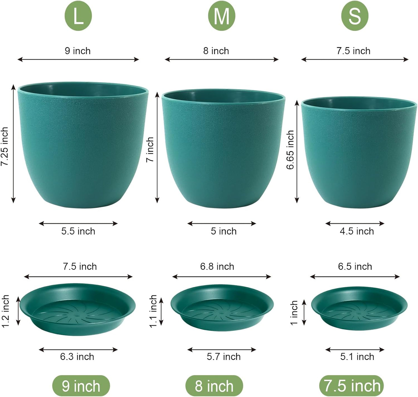 9/8/7.5 inch Flower Pots, 3 Pack Modern Plastic Planters with Drainage Holes and Trays for House Plants, Plant Pots for Indoor Outdoor Plants, Blue Green