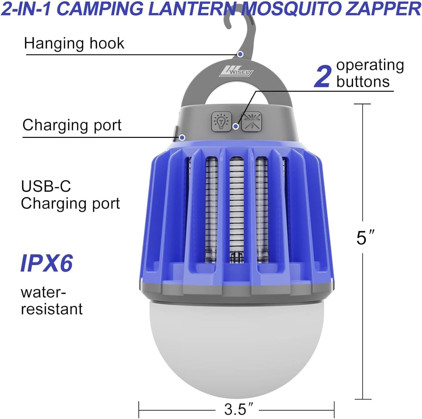 Wisely Bug Zapper Outdoor/Indoor Electric, USB-C Rechargeable Mosquito Killer Lantern Lamp, Portable Insect Electronic Zapper Indoor Trap, with LED Light 2PK