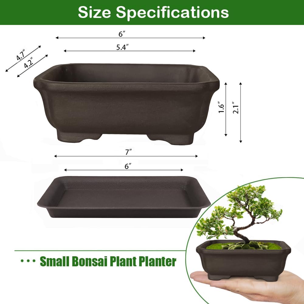 MUZHI 2PACK Unglazed 6” Ceramic Bonsai Pot with Humidity Trays, Breathable Handmade Rectangle Bonsai Starter Planter for Bonsai Tree, Juniper,Ficus, Money Tree