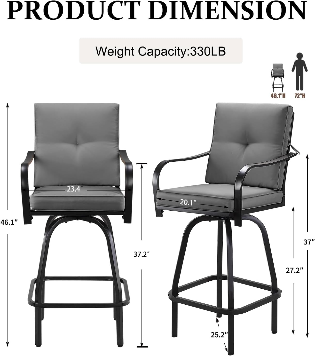 Patio Swivel Bar Stools, Outdoor High Back Swivel Bar Chair Set of 6 with Cushion & All Weather Steel Frame for Backyard, Lawn, Poolside and Balcony, Dark Gray