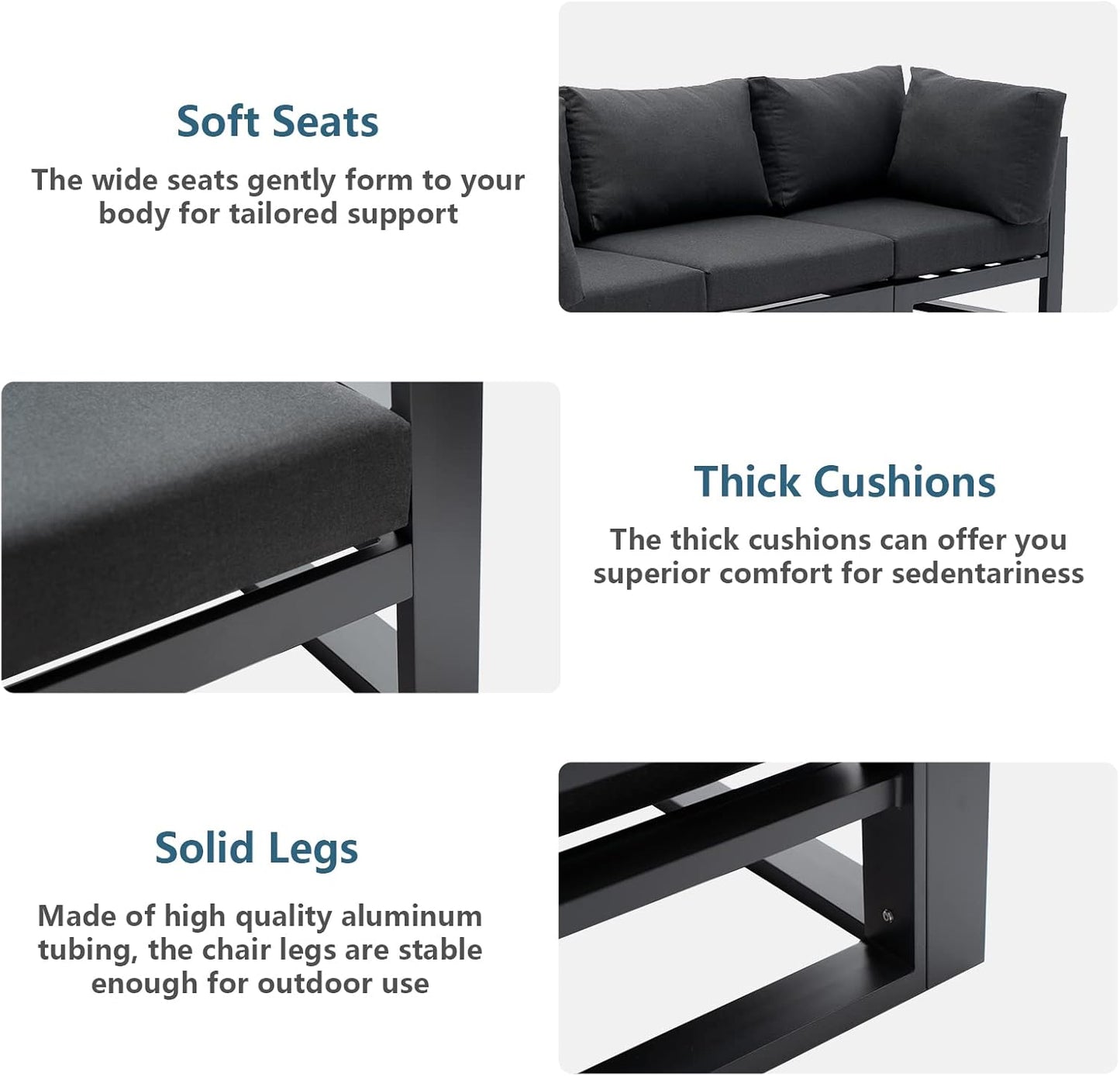 Outdoor Conversation Set 6 Pieces Aluminum Patio Furniture Modular Sectional Sofa Set with Armchairs, Square Coffee Tables, Dark Grey Cushions