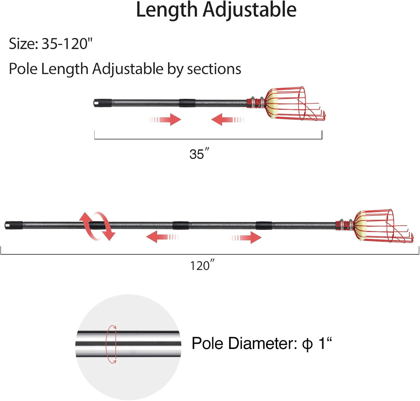 DonSail Fruit Picker Pole Tool with Basket Telescoping - Adjustable Mango Picker 35-120 inch Long Handle - Apple Orange Avocado Acorn Lemon Pear Pomelo Chery Picker for Tree