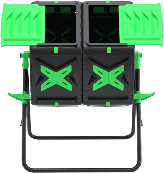 SQUEEZE master Large Dual Chamber Compost Bin Tumbler Outdoor Garden- Easy Rotating- Sturdy Steel Frame-Fast Composting (Green, 2 × 18.5 Gallon)