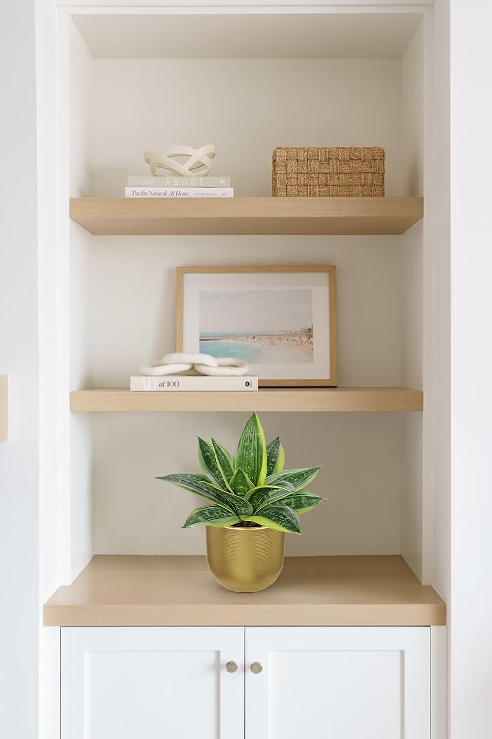 Hollyone Artificial Snake Plants 9" Faux Agave Succulent Plant Potted in Gold Pot Fake Sansevieria Aloe Tropical Plant for Desk Modern Office Home Bathroom Indoor Outdoor Decor